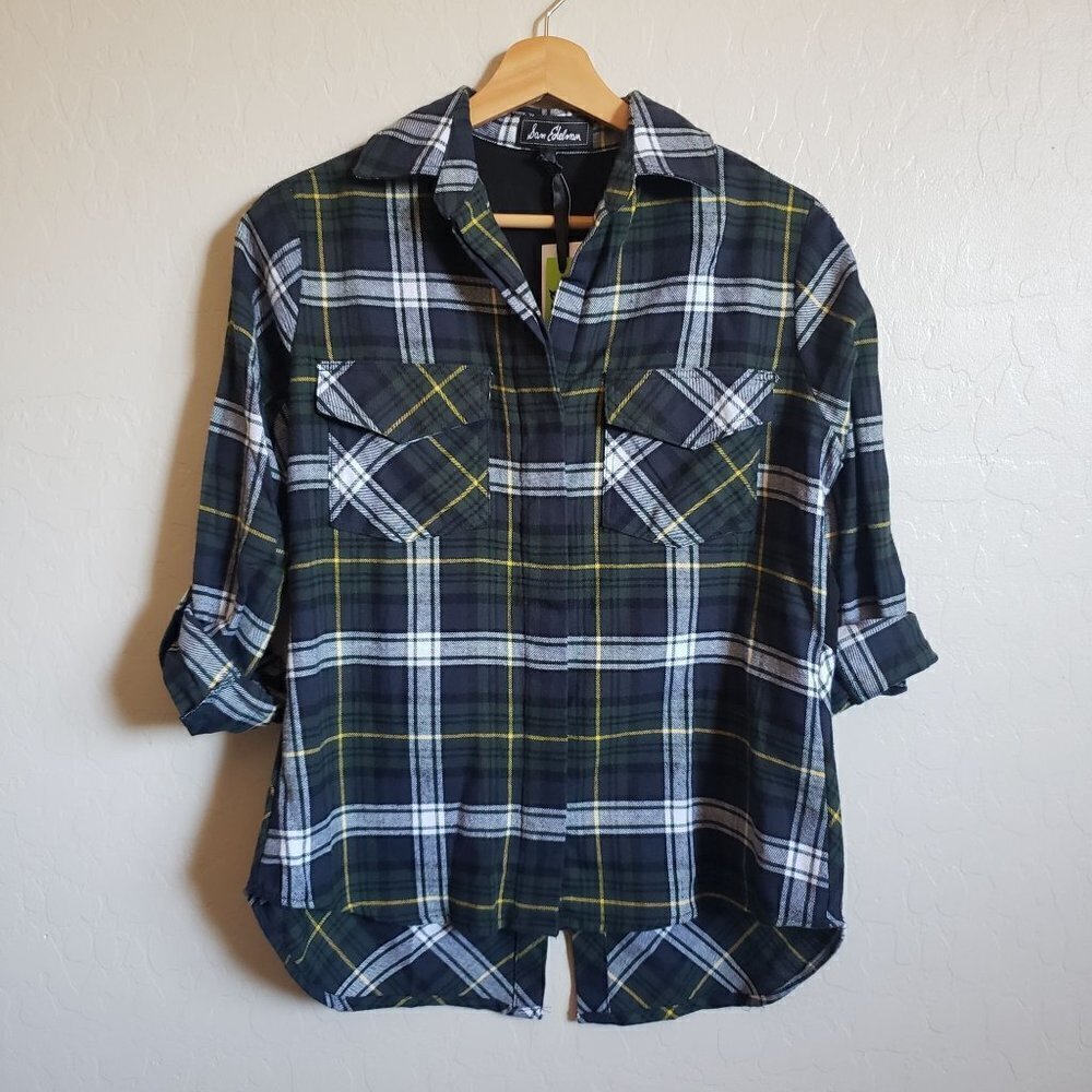 Sam Edelman Plaid Flannel The Weekender Top Zip Shoulder Green/Multi Size XS NEW